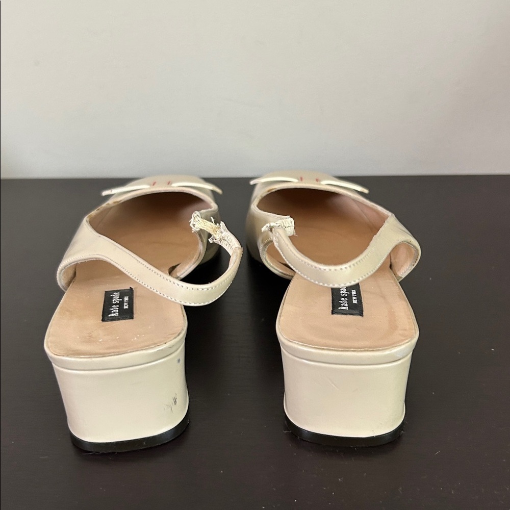 Kate Spade Slingback Heel Tan Bow Square Toe Logo Leather Made in Italy Sz 8 - Picture 5 of 10